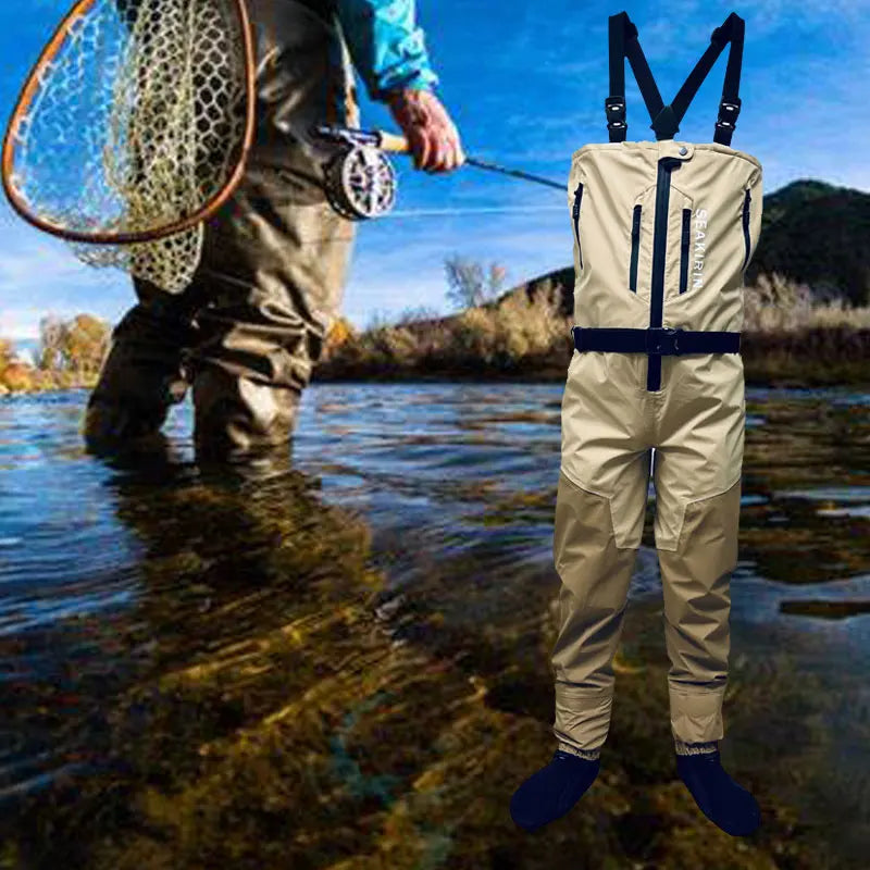 Zip-front Breathable Stout Chest Fishing Waders Waterproof Zippered Big and Tall Stockingfoot Wading Pants for Men,Welding Seam