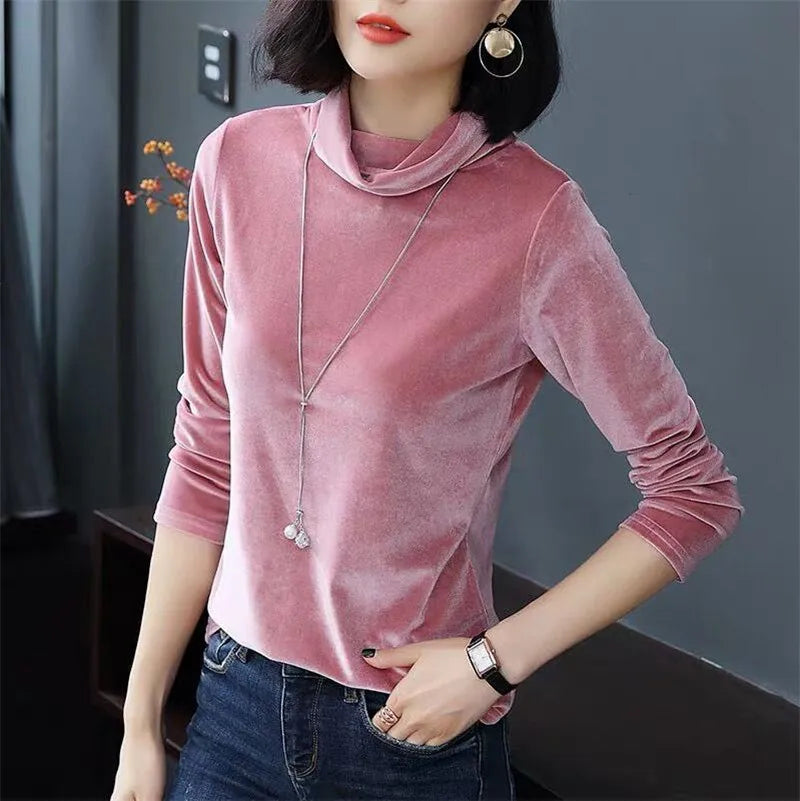 French Turtleneck Bottoming Tops Autumn Long Sleeves Velvet Basic T-Shirts Fashion Lady Office Elegant Solid Large Size Shirts