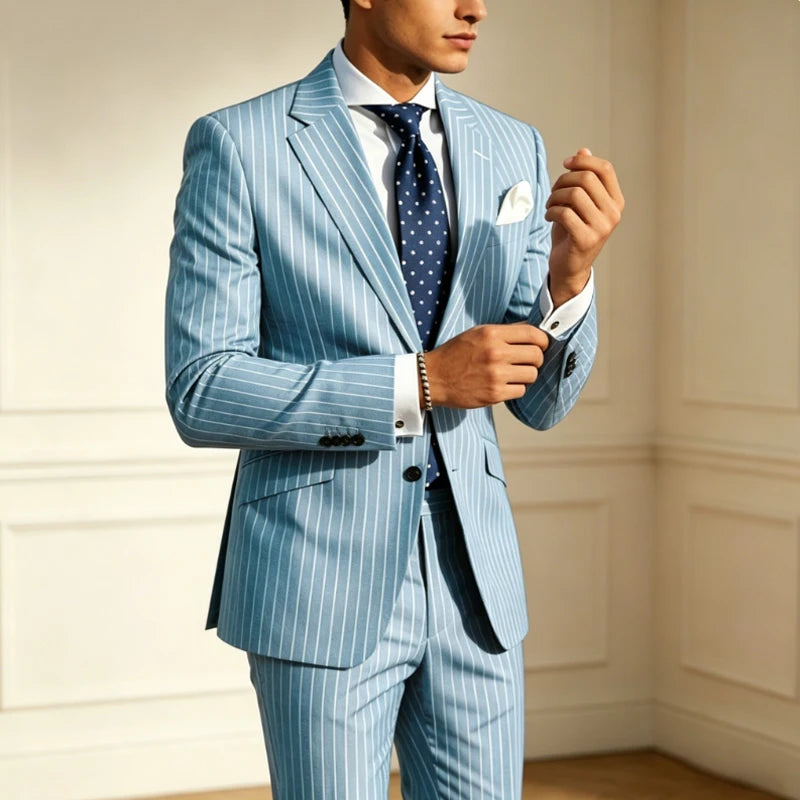 Men's Classic Stripe Suits 2 Piece ( Blazer+Pants ) Notch Lapel 2 Buttons Slim Fit Jacket & Trousers for Business Casual Wedding