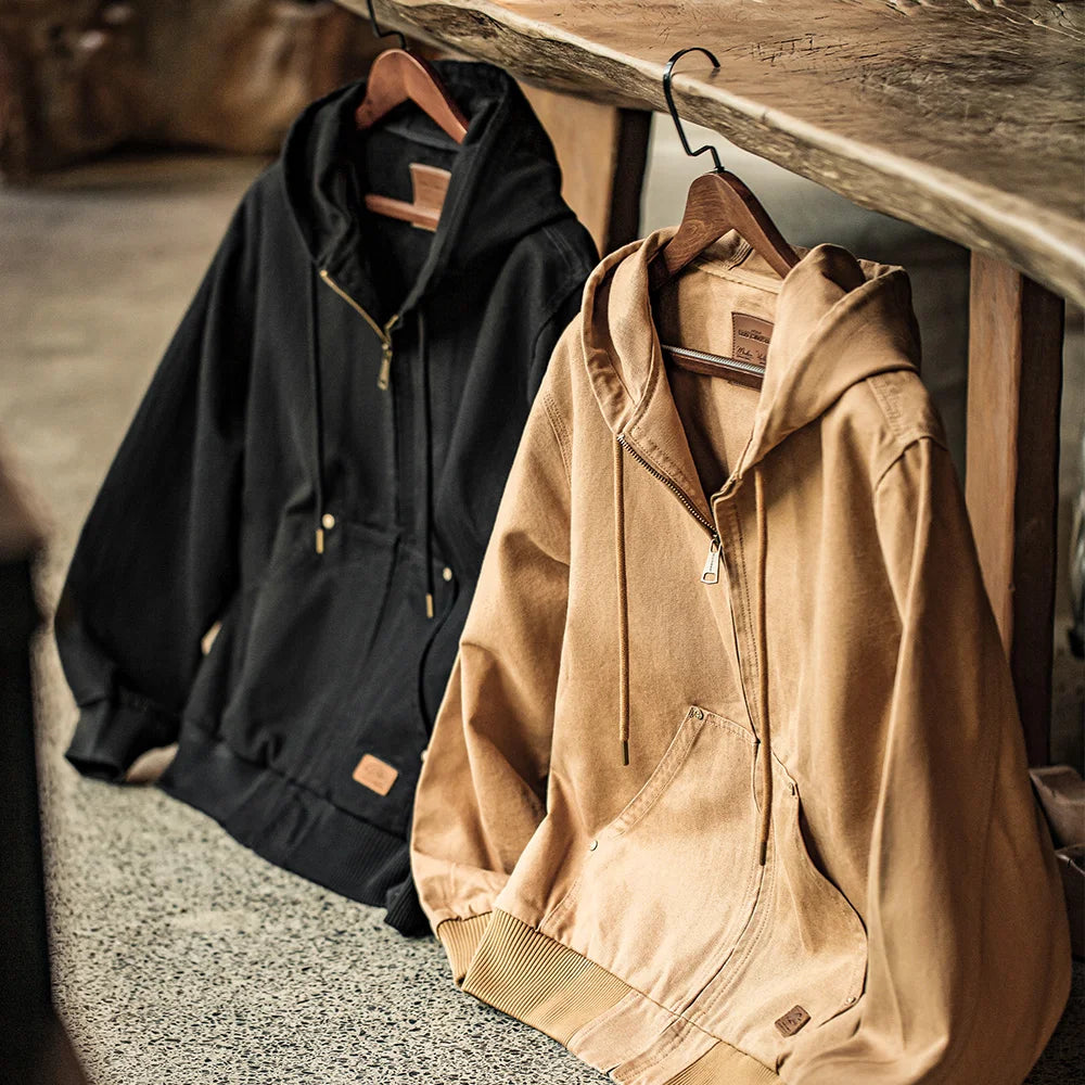 Maden Men's Vintage J130 Jacket Heavyweight Canvas Hooded Jackets Classic Zip Front Drawstring Hem Coat Outerwear for Autumn