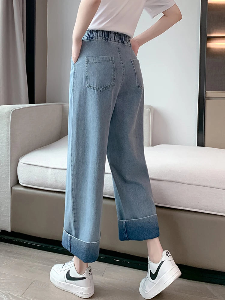 Casual Mom Baggy Jeans For Woman Autumn Loose Plus Size Wide Leg Jeans Straight Elastic High Waisted Denim Pants Women Slacks