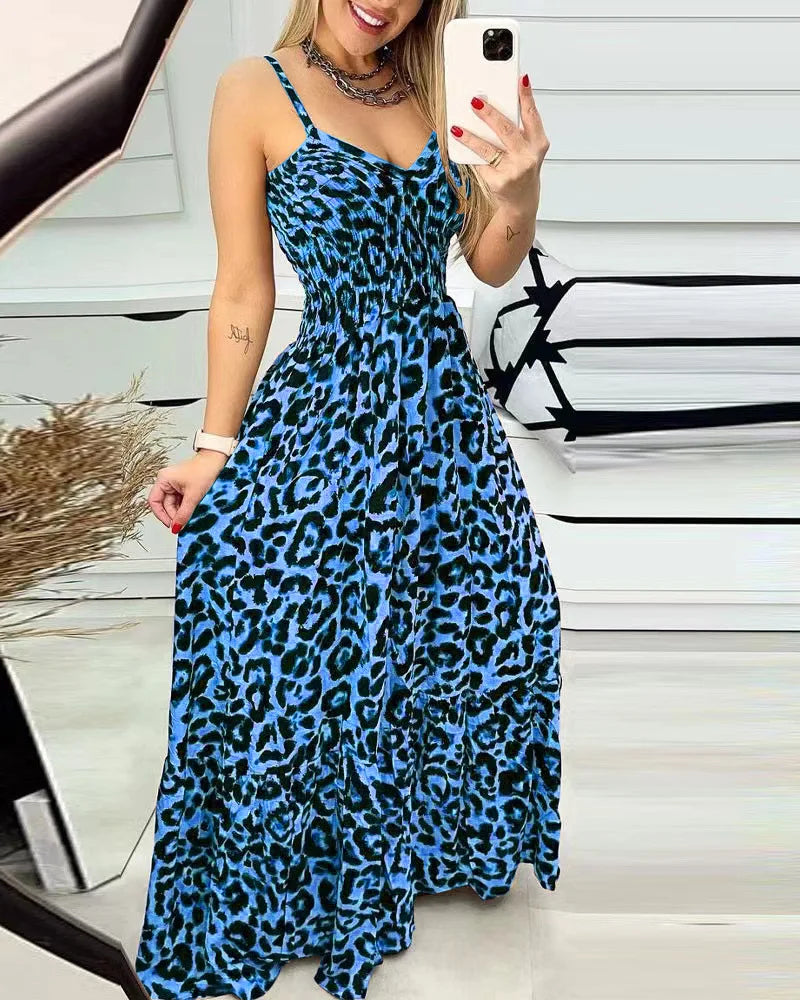 Summer new leopard print camisole V-neck dress high waisted skirt sexy temperament  long skirt women's clothing plus size