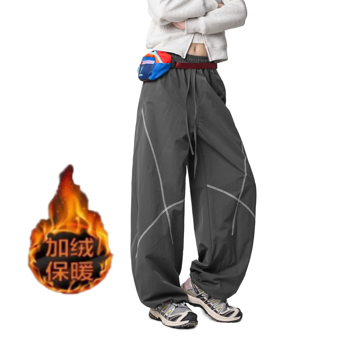 American High Street Thickened Fleece Lined Straight Leg Sporty Casual Pants Autumn Winter Unisex Wide Leg Pants