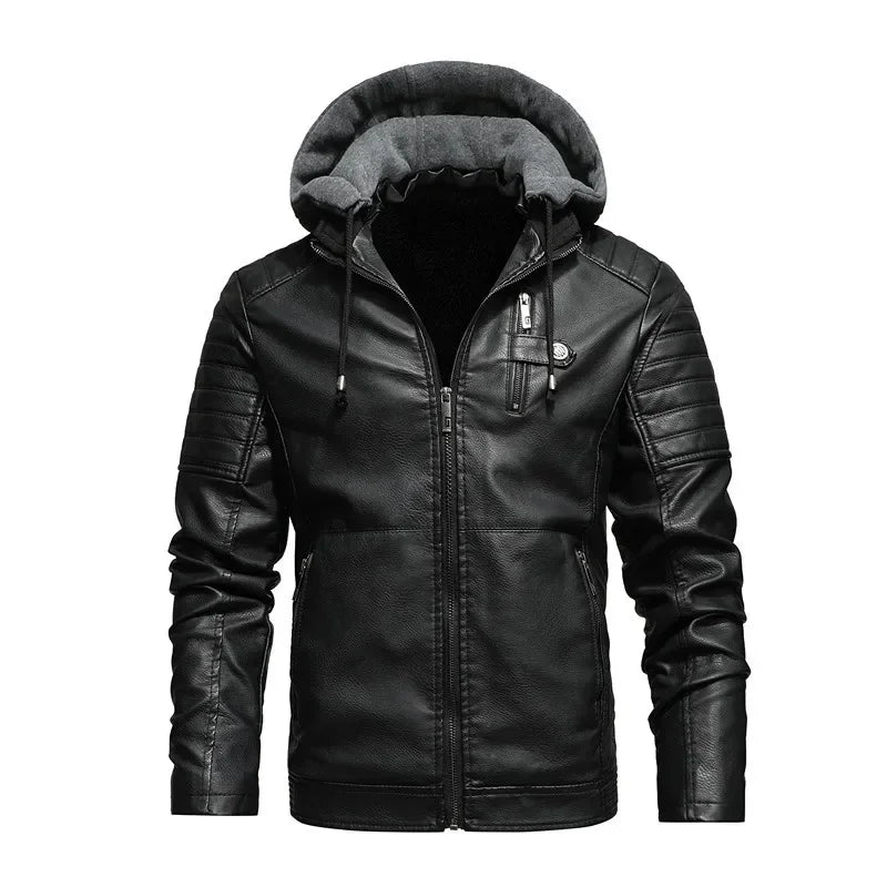 Casual Fashion Leather Jacket White Motorcycle Jackets Men Autumn Fleece Liner Pu Leather Coats Male Hood Winter Male Clothing