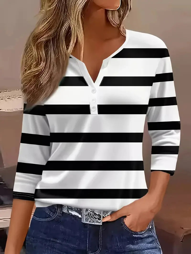 Ladies' striped and printed half-button placket large-size long-sleeved T-shirt, fashionable, elegant, casual, warm long-sleeved