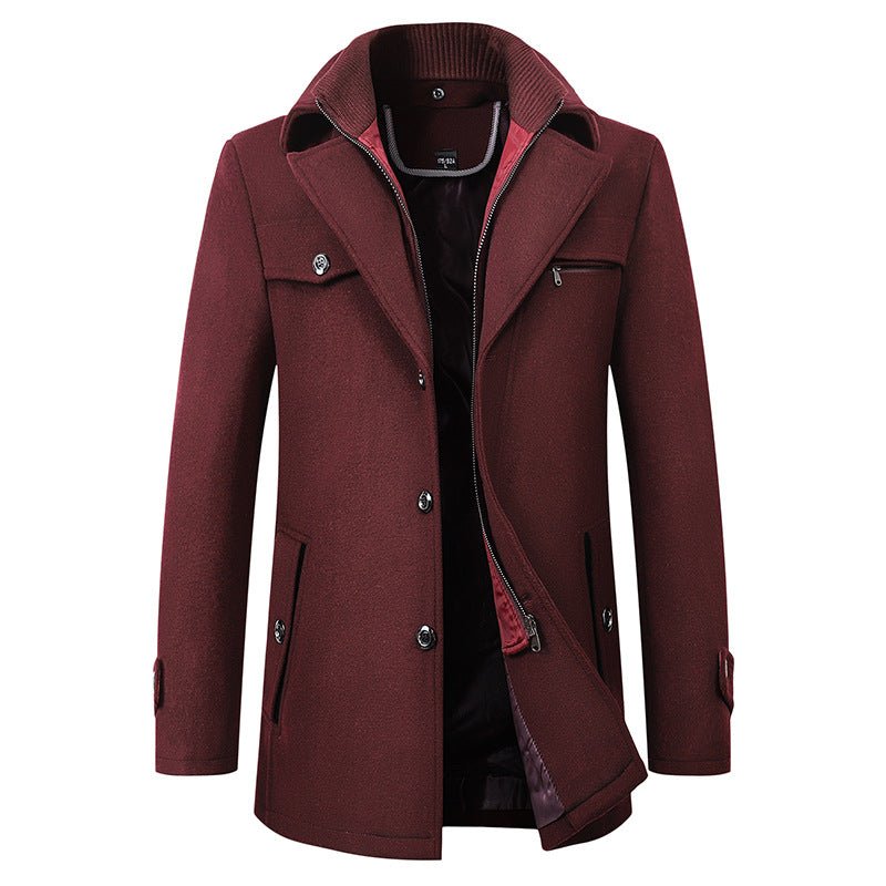 Cross-border Autumn and Winter Double Collar Wool Coat Men's Coat Casual Mid-length cotton and thickening Men's Plus Size - stoutforge