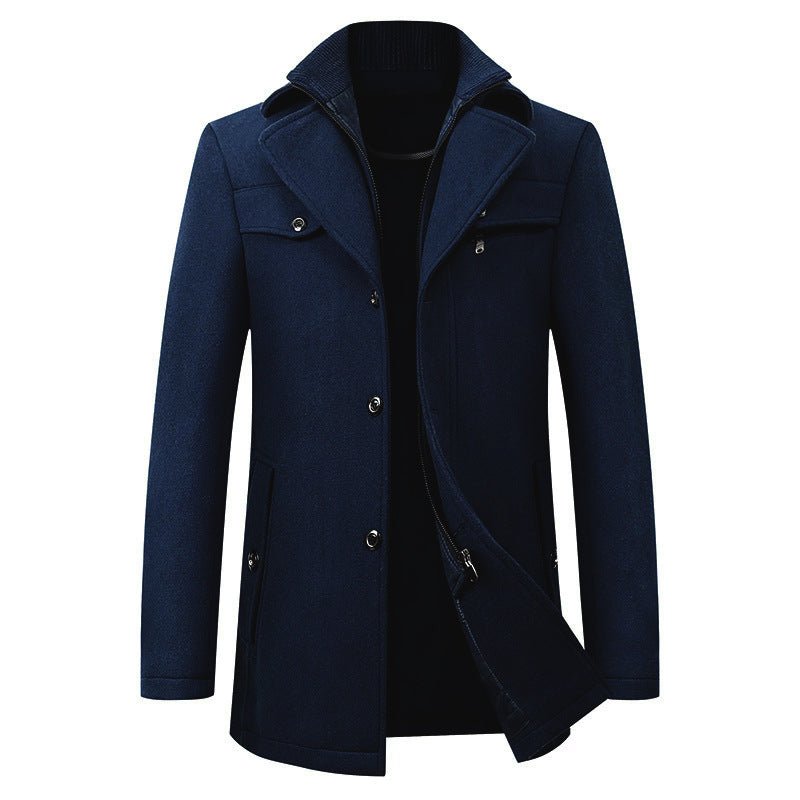 Cross-border Autumn and Winter Double Collar Wool Coat Men's Coat Casual Mid-length cotton and thickening Men's Plus Size - stoutforge