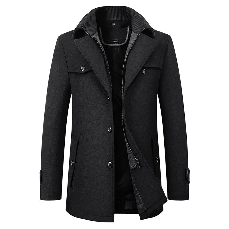 Cross-border Autumn and Winter Double Collar Wool Coat Men's Coat Casual Mid-length cotton and thickening Men's Plus Size - stoutforge