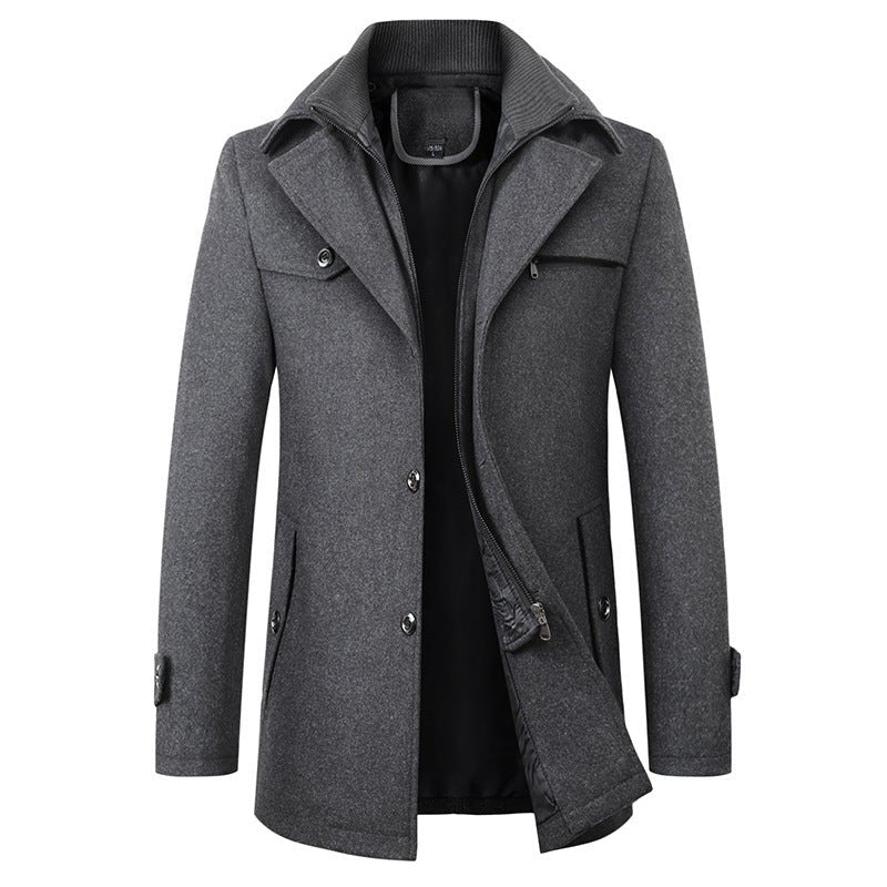 Cross-border Autumn and Winter Double Collar Wool Coat Men's Coat Casual Mid-length cotton and thickening Men's Plus Size - stoutforge