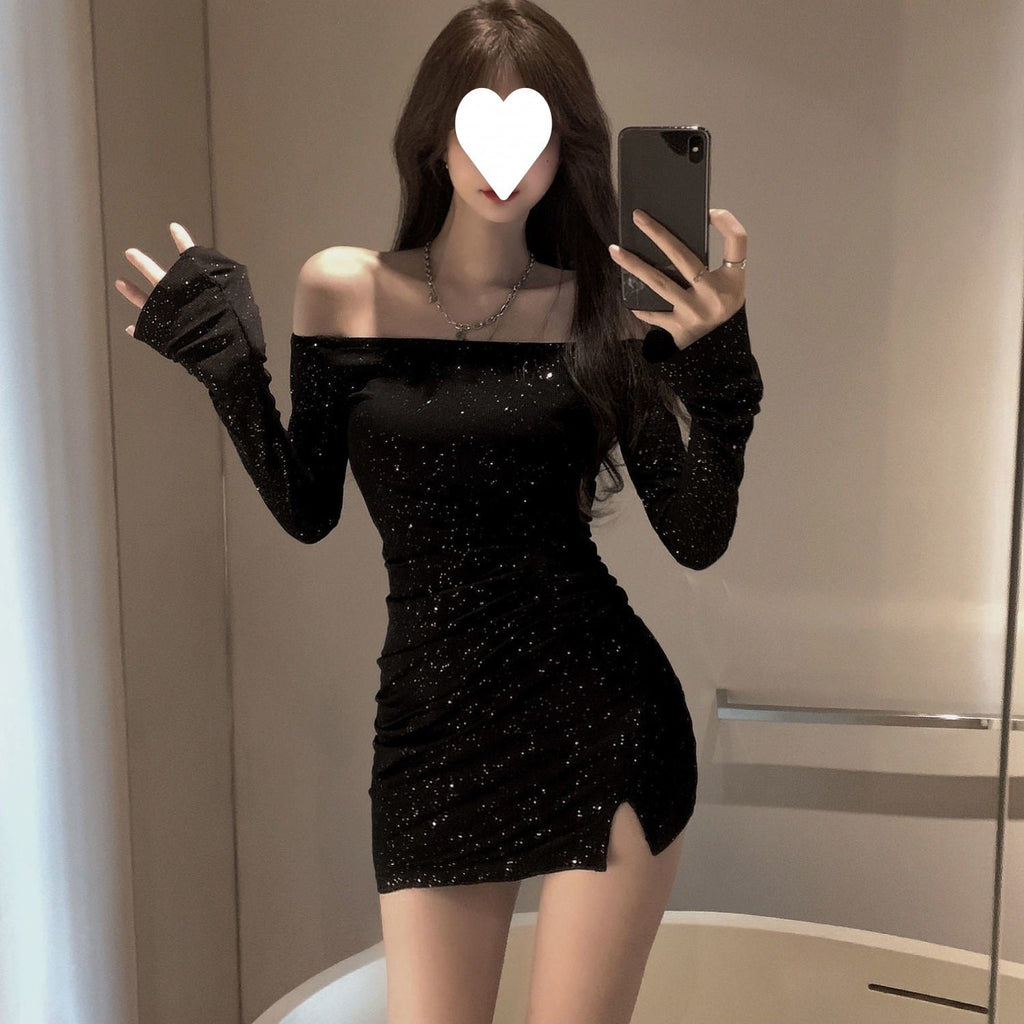 Shoulder dress Women's Slim-fit Diamond-studded Long-sleeved Irregular Hip Skirt Early Autumn 2025 New Black Skirt - stoutforge