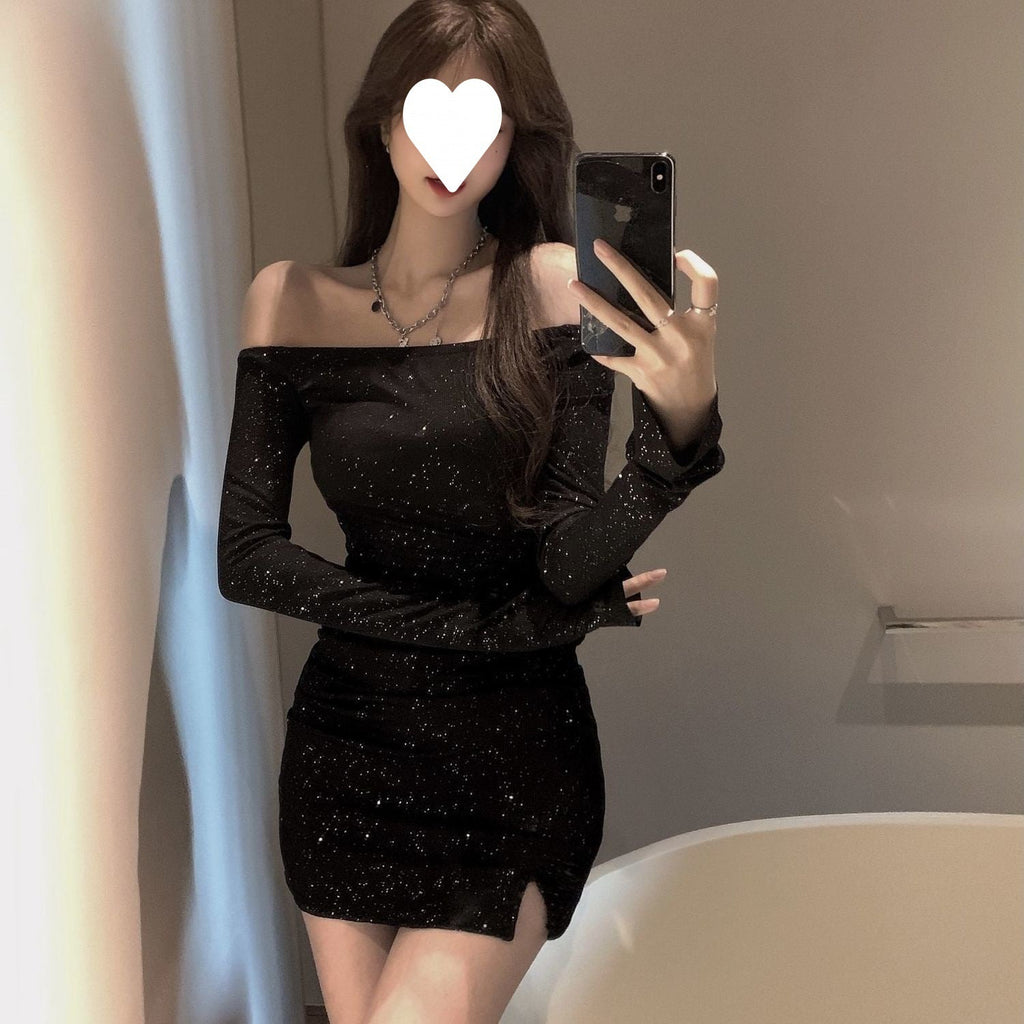 Shoulder dress Women's Slim-fit Diamond-studded Long-sleeved Irregular Hip Skirt Early Autumn 2025 New Black Skirt - stoutforge