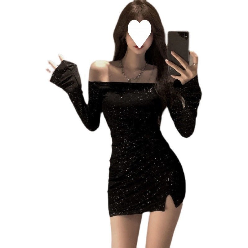 Shoulder dress Women's Slim-fit Diamond-studded Long-sleeved Irregular Hip Skirt Early Autumn 2025 New Black Skirt - stoutforge