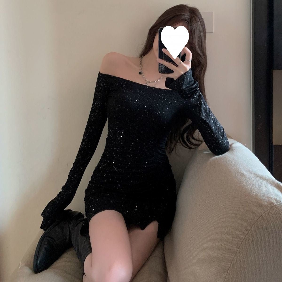 Shoulder dress Women's Slim-fit Diamond-studded Long-sleeved Irregular Hip Skirt Early Autumn 2025 New Black Skirt - stoutforge