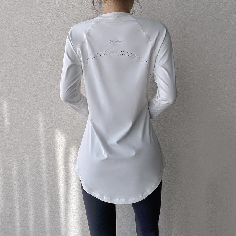 Spring and Summer Long Hip Covering Slimming Style Beautiful Back Breathable Yoga Suit Long Sleeve Running Fitness Sportswear T-shirt for Women - stoutforge