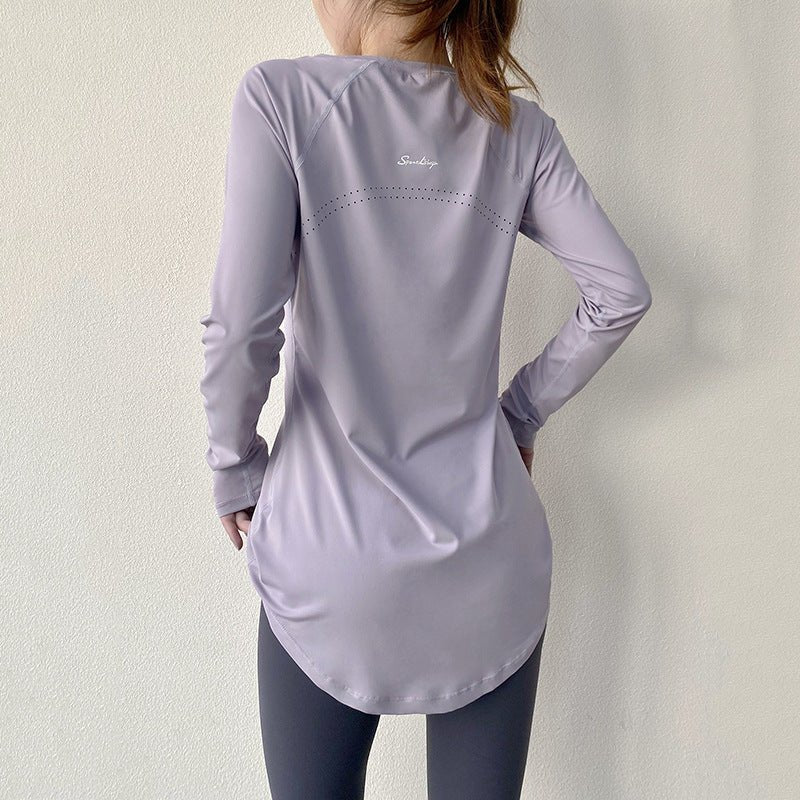 Spring and Summer Long Hip Covering Slimming Style Beautiful Back Breathable Yoga Suit Long Sleeve Running Fitness Sportswear T-shirt for Women - stoutforge