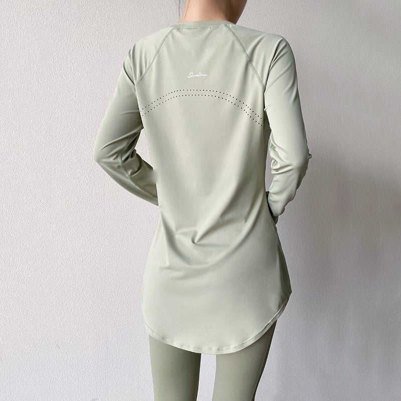 Spring and Summer Long Hip Covering Slimming Style Beautiful Back Breathable Yoga Suit Long Sleeve Running Fitness Sportswear T-shirt for Women - stoutforge
