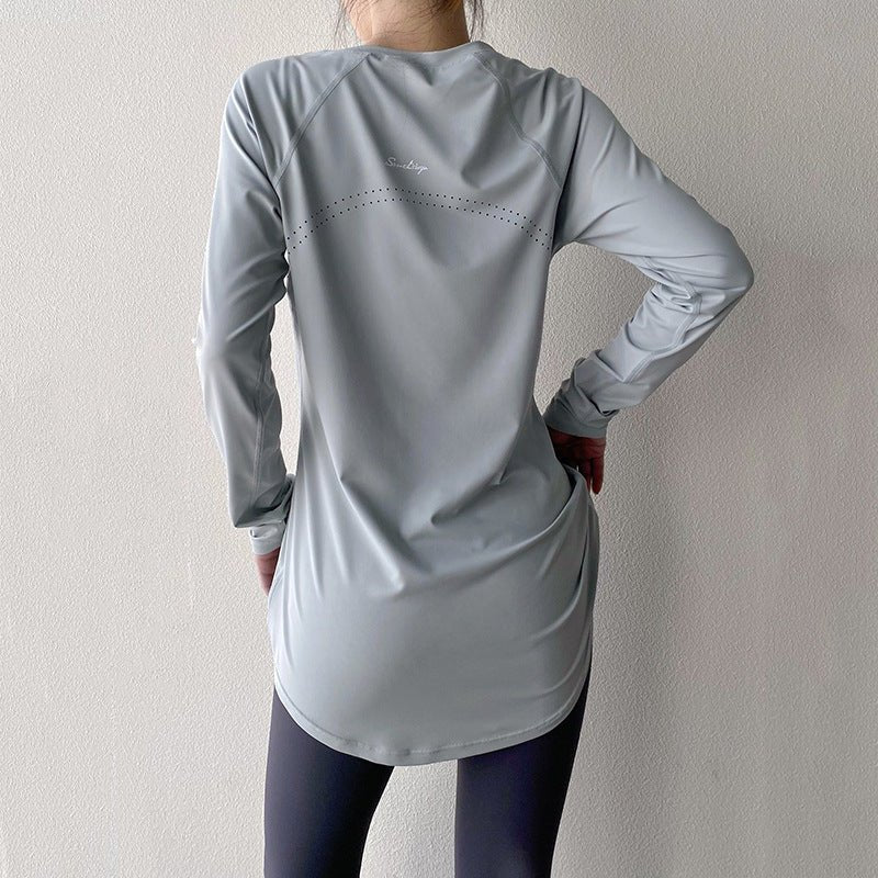 Spring and Summer Long Hip Covering Slimming Style Beautiful Back Breathable Yoga Suit Long Sleeve Running Fitness Sportswear T-shirt for Women - stoutforge
